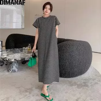 DIMANAF Лето плюс размер женское хлопковое полосатое черное длинное платье-рубашка Свободная повседневная одежда с карманами