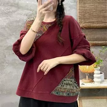 Dimanaf Новинка 2024 года, женские толстовки и свитшоты с длинным рукавом, свободные, с принтом, с круглым вырезом, осенние базовые топы, футболки, новые пуловеры One Size красный