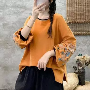 DIMANAF New 2024 Women Hoodies & Sweatshirts Full Sleeve Loose Printing O-Neck Autumn Embroidery Basic Tops T-Shirt New Pullover