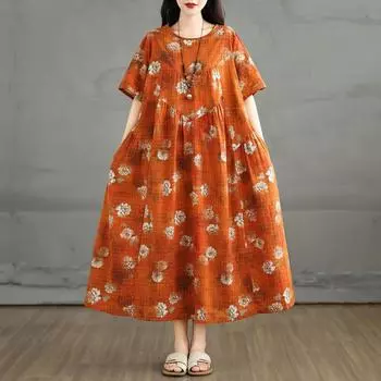 DIMANAF New 2025 Plus Size Summer Dress Women Prinitng Vintage Long Casual O-Neck Dress Loose Dress Maxi L оранжевый