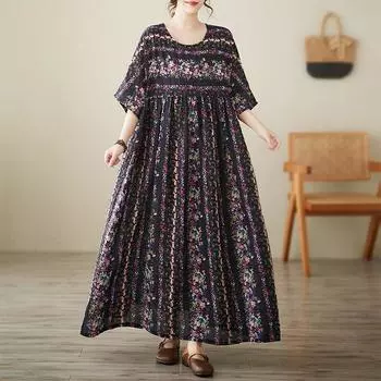 DIMANAF New 2025 Summer Women Plus Size Dress Floral Printing Loose Elegant Basic Casual Long Dress Vintage One Size чёрный