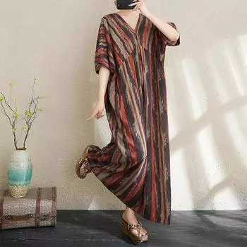 DIMANAF New 2025 Women Basic Plus Size Summer Dress Casual Linen Short Sleeve Dress Stripe Loose Dress One Size красный