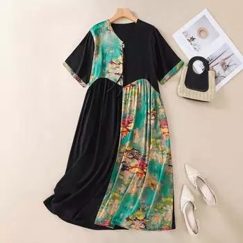 DIMANAF New 2025 Women Plus Size Summer Dress Casual Oversized Basic Vintage Loose Maxi Floral Printing Dress One Size чёрный