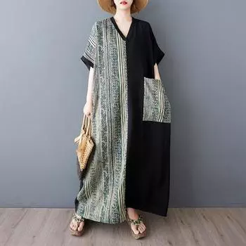 DIMANAF New 2025 Women Summer Plus Size Dress Loose Bohemian Pocket Basic Casual Long Dress Oversized One Size зелёный