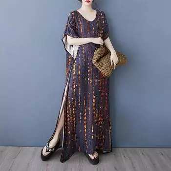 DIMANAF New Summer 2025 Women Plus Size Long Dress Loose Vintage Printing Basic Casual Dress Oversized XL темно серый