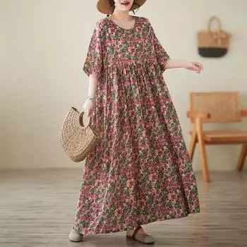 DIMANAF New Summer 2025 Women Plus Size Dress Floral Printing Loose Elegant Basic Casual Long Dress Vintage One Size красный