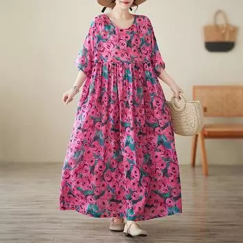 DIMANAF New Summer 2025 Women Plus Size Dress Floral Printing Loose Vintage Basic Casual Long Dress Oversized One Size розовый