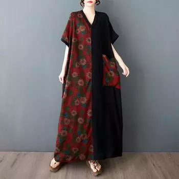 DIMANAF New Women 2025 Plus Size Summer Long Casual Dress Loose Linen Vintage Basic Maxi Dress 9839 One Size