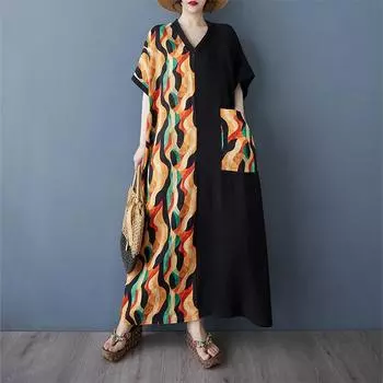 DIMANAF New Women 2025 Plus Size Summer Long Casual Dress Loose Linen Vintage Basic Maxi Dress 9842 One Size