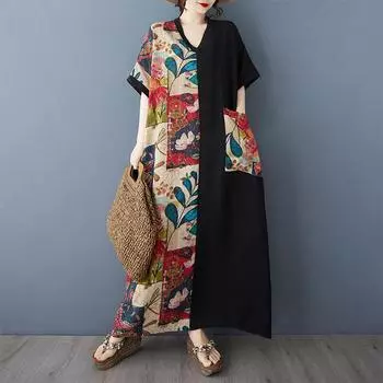 DIMANAF New Women 2025 Plus Size Summer Long Casual Dress Loose Linen Vintage Basic Maxi Dress 9853 One Size