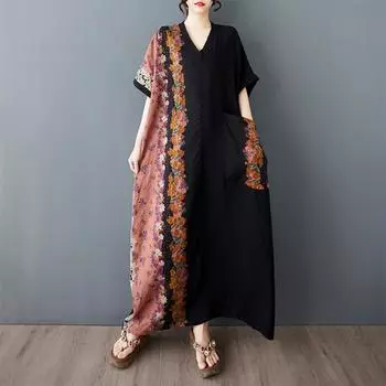 DIMANAF New Women 2025 Plus Size Summer Long Casual Dress Loose Linen Vintage Basic Maxi Dress 9829 One Size