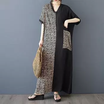 DIMANAF New Women 2025 Plus Size Summer Long Casual Dress Loose Linen Vintage Basic Maxi Dress 9864 One Size