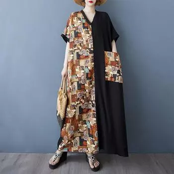 DIMANAF New Women 2025 Plus Size Summer Long Casual Dress Loose Linen Vintage Basic Maxi Dress 9848 One Size