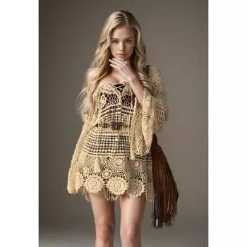 DIMANAF Новая футболка 2024 года, женская вязаная кружевная футболка с длинными рукавами и круглым вырезом, летние стильные базовые топы, футболки, свободная одежда One Size бежевый