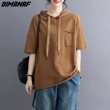 DIMANAF Новинка 2022 года, толстовки и свитшоты больших размеров, летняя футболка, однотонные женские повседневные свободные базовые пуловеры больших размеров L коричневый