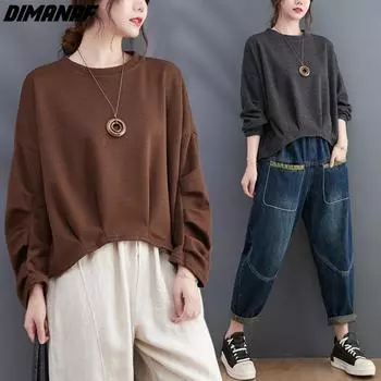 DIMANAF Новинка 2022 года, женские толстовки больших размеров, осенние женские однотонные пуловеры с круглым вырезом, хлопковые свободные корейские топы