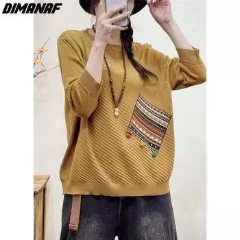 DIMANAF Новинка 2023 года, осень-зима, большие размеры, женские свитера, пуловеры, хлопковые вязаные свободные винтажные топы больших размеров