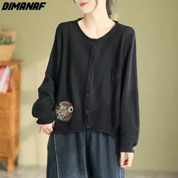 DIMANAF Новинка 2023 года, осень-зима, большие размеры, женские свитера, кардиган, большие размеры, с круглым вырезом, винтажный вязаный свободный повседневный свитер с вышивкой на пуговицах