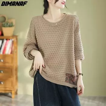 DIMANAF Новинка 2023 года, осень-зима, большие размеры, женские свитера, пуловеры, женские топы, рубашка, свободные вязаные винтажные рубашки с круглым вырезом