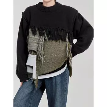 DIMANAF Новинка 2023 года, осенние свитера больших размеров, пуловеры больших размеров, женские свитера с кисточками, вязаный свободный черный свитер