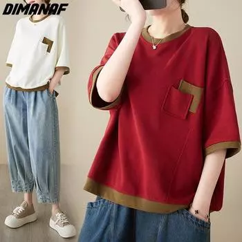 DIMANAF Новинка 2023 года, женская футболка больших размеров, женские топы и футболки с круглым вырезом со свободными отверстиями, футболка с короткими рукавами в стиле пэчворк