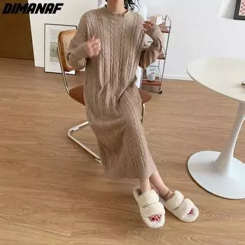 DIMANAF Новинка 2023 года, женский осенне-зимний свитер больших размеров, платье с длинными рукавами, вязаная толстая теплая свободная винтажная одежда