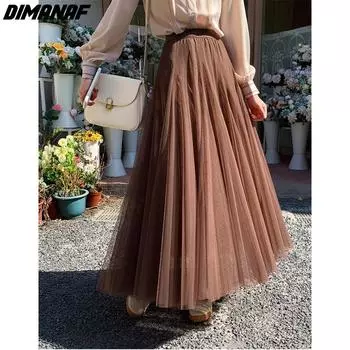 DIMANAF, новинка 2024 года, летние длинные женские юбки больших размеров, кружевные винтажные юбки с эластичной резинкой на талии, женские плиссированные винтажные юбки с высокой талией