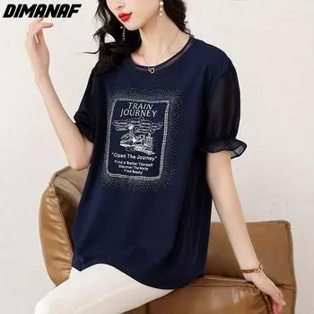 DIMANAF, новинка 2024 года, летняя женская футболка, винтажные модные свободные хлопковые футболки с короткими рукавами, повседневные топы с круглым вырезом, рубашка
