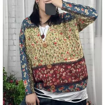 DIMANAF Новинка 2024 года, осенние свитера больших размеров, кардиган большого размера, женские свитера с цветочным принтом и мультяшным принтом, вязаный свободный свитер