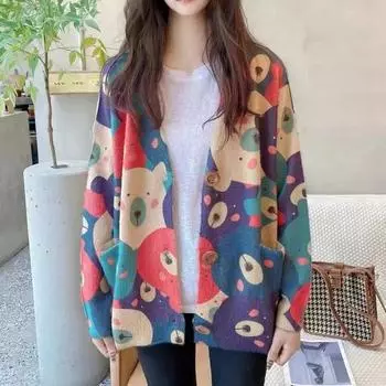 DIMANAF Новинка 2024 года, осенние свитера больших размеров, кардиган большого размера, женские свитера с цветочным принтом и мультяшным принтом, вязаный свитер