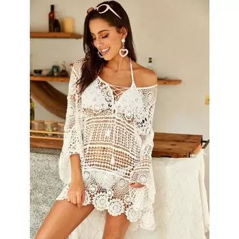 DIMANAF Новинка 2024 года, женская футболка, вязаная кружевная футболка с длинным рукавом и круглым вырезом, полые летние стильные базовые топы, футболки, свободная белая одежда One Size белый