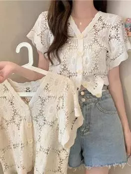 DIMANAF Новинка 2024 года, женская футболка, вязаный кружевной жилет с круглым вырезом, полые пуговицы, летний стиль, базовые топы, футболки, белая свободная одежда tt027