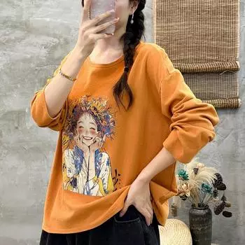 DIMANAF Новинка 2024 года, женские толстовки и свитшоты с длинным рукавом, свободные, с принтом, повседневные, с круглым вырезом, осенние базовые топы, футболки, новый пуловер