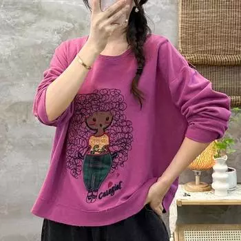 DIMANAF Новинка 2024 года, женские толстовки и свитшоты с длинным рукавом, свободные, с принтом и вышивкой, с круглым вырезом, осенние базовые топы, футболки, новые пуловеры One Size чёрный