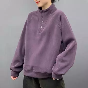 DIMANAF Новинка 2024 года, женские толстовки и свитшоты с длинным рукавом, на пуговицах, свободные, однотонные, повседневные, с круглым вырезом, осенние базовые топы, футболка, новый пуловер One size фиолетовый