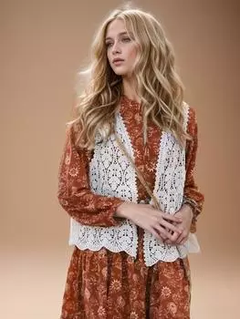 DIMANAF Новинка 2024 года, жилет, футболка, женская вязаная кружевная футболка с круглым вырезом, летние стильные топы, свободные базовые футболки One Size бежевый