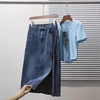 DIMANAF Новинка 2025 года, весна, большие размеры, эластичные джинсовые юбки, женская мода, свободная юбка, макси, А-силуэт, с высокой талией XL синий