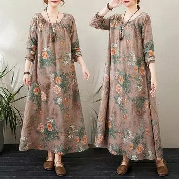 Dimanaf Новинка 2025 года, женское длинное весеннее платье больших размеров, свободное, повседневное, большого размера, с длинным рукавом, с цветочным принтом, винтажное макси L коричневый
