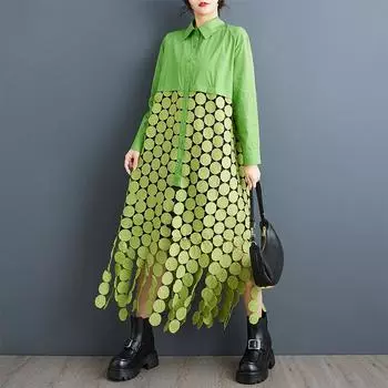 Dimanaf Новинка 2025 года, женское платье-рубашка больших размеров с длинным рукавом, повседневное, свободного покроя, базовое, винтажное, полое, свободного покроя платье One Size белый