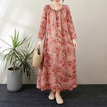 Dimanaf Новинка 2025 года, женское платье больших размеров, весеннее, базовое, длинное, свободное, повседневное, с длинным рукавом, с цветочным принтом, винтажное, макси, большого размера L красный