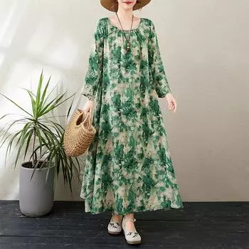 DIMANAF Новое 2025 Женское Весеннее Свободное Платье Большие Размеры Базовое Цветочное Винтажное Длинное Платье Элегантное Хлопковое Повседневное Платье Оверсайз L зелёный