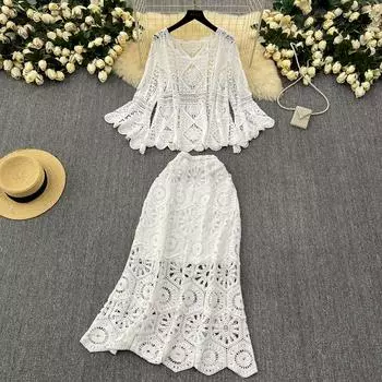 DIMANAF Новинка 2025 Юбка Костюм Женский Трикотажный Пляжный Короткий Рукав Кружева Ажурный Сексуальный О-Образный Вырез Ажурный Летний Стиль Топы Футболки Свободные Базовые One Size белый