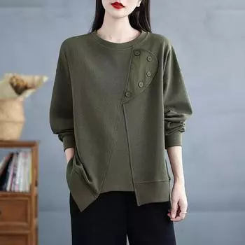 DIMANAF Новинка размера плюс 2024 Женская футболка с длинным рукавом и круглым вырезом на осень Новые однотонные повседневные топы Пуловер большого размера L зелёный