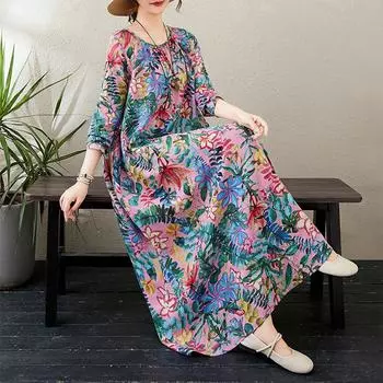 DIMANAF Новое 2025 Женское Весеннее Платье Большого Размера Цветочное Свободное Базовое Винтажное Длинное Платье Элегантное Хлопковое Повседневное L розовый