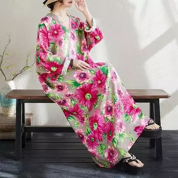 DIMANAF Новое 2025 Женское Весеннее Платье Большого Размера Винтажный Цветочный Свободный Базовый Элегантный Длинное Платье Хлопок Повседневный One Size розовый