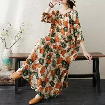 Dimanaf Новое 2025 женское весеннее свободное платье больших размеров, базовое винтажное длинное платье, элегантное хлопковое повседневное платье большого размера L оранжевый