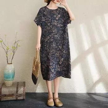 Dimanaf Новое базовое женское летнее платье большого размера 2025, повседневное льняное платье с цветочным принтом, с коротким рукавом, свободное платье One Size темно-синий