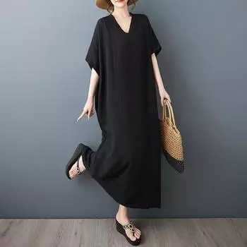 Dimanaf Новое летнее черное платье с V-образным вырезом большого размера 2025 для женщин, базовое повседневное платье с коротким рукавом, свободное длинное платье One Size чёрный