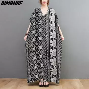 DIMANAF Новое летнее платье больших размеров с цветочным принтом и v-образным вырезом, повседневное женское платье большого размера, новинка 2022 года, повседневное черное платье оверсайз One Size чёрный