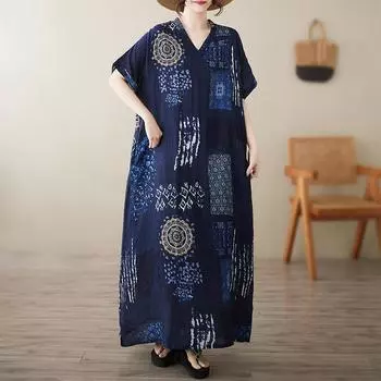 Dimanaf Новое летнее платье большого размера 2025 с длинным V-образным вырезом для женщин, базовое повседневное платье с коротким рукавом, свободное платье XL темно-синий